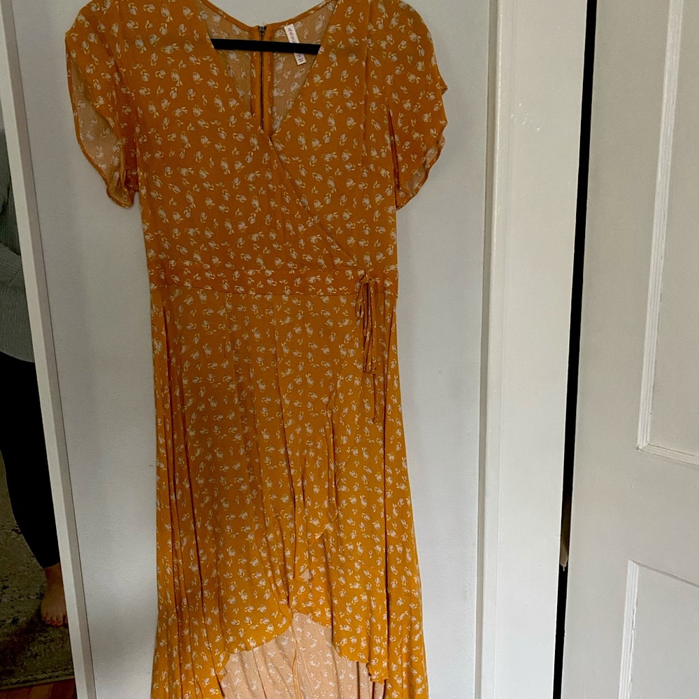 yellow floral faux wrap dress